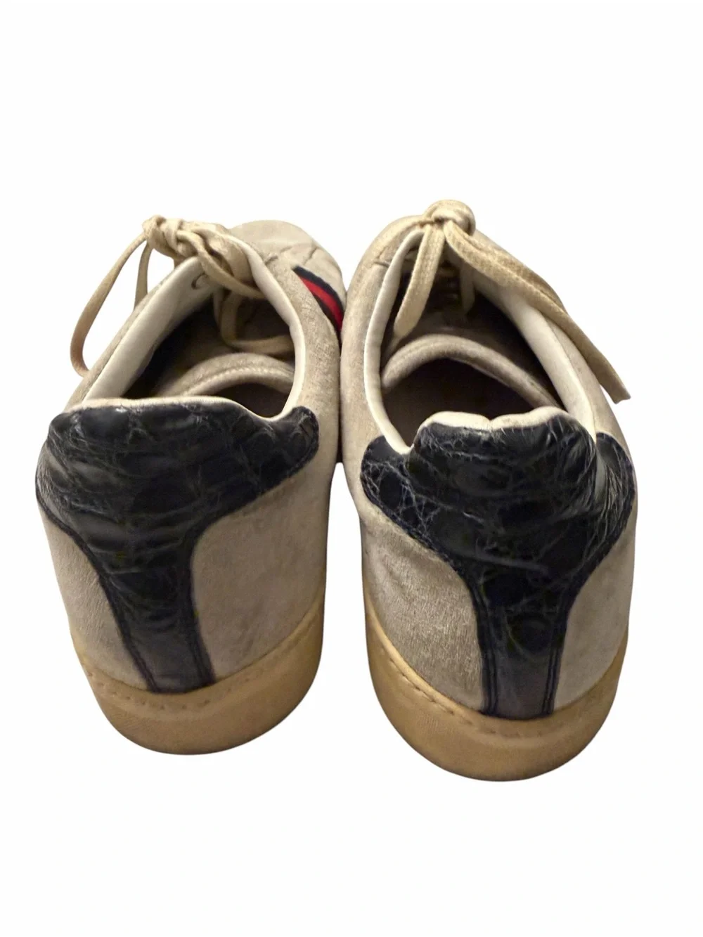 Gucci Beige Suede Sneakers with Red & Navy Web Stripe,pre-owned,SZ 8